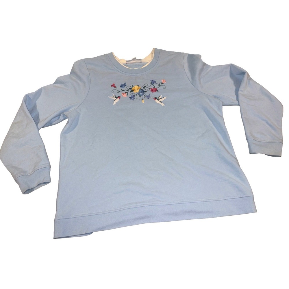Vintage‎ Breckenridge Pullover Sweatshirt Baby Blue Floral Hummingbird XL Granny